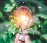 Hand holding light bulb ideas on a background of blurred green trees Ecological energy efficiency energy efficiency concept Together with the conservation of alternative energy and alternative energy.